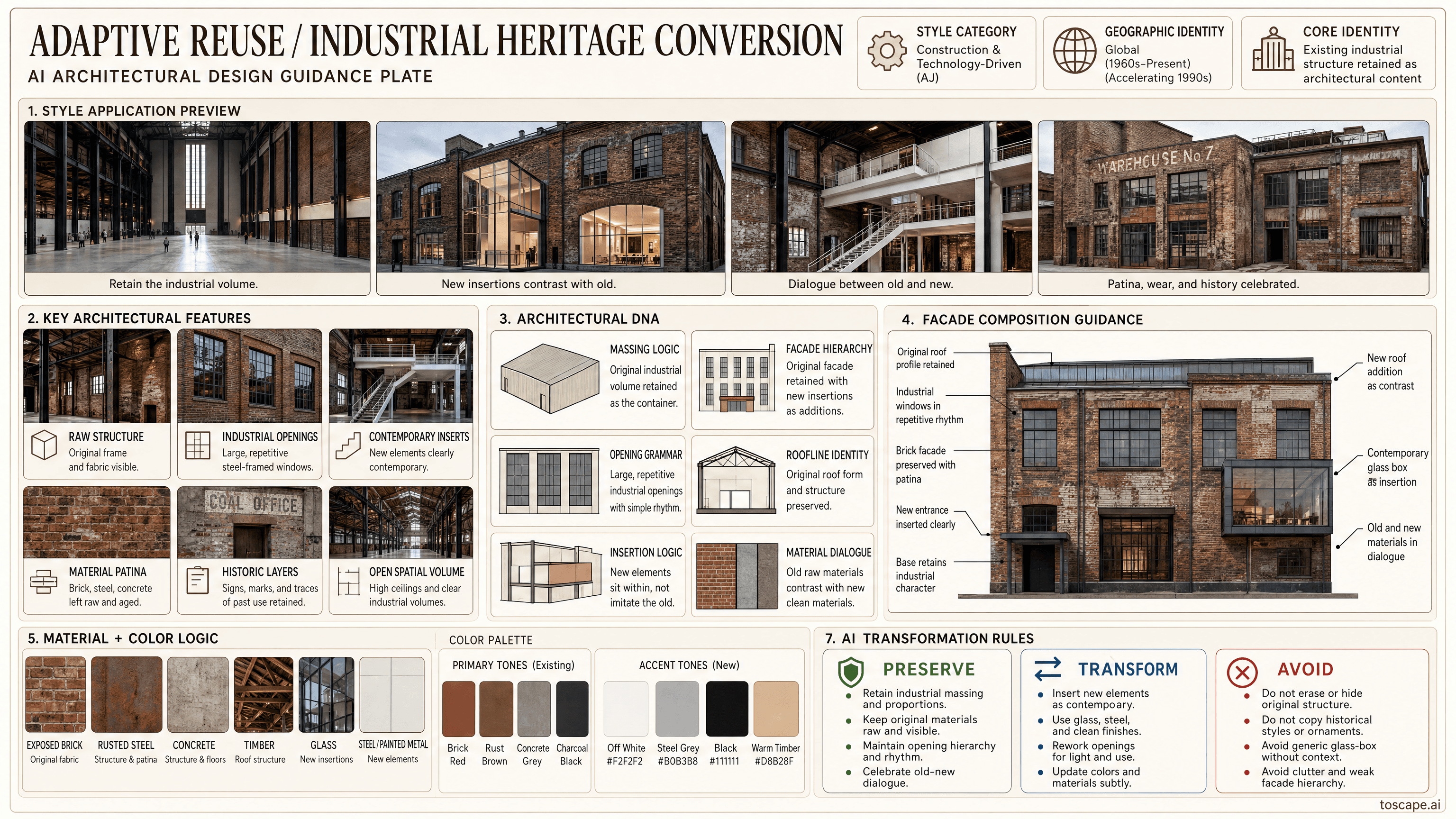 ADAPTIVE REUSE / INDUSTRIAL HERITAGE CONVERSION hero plate - Global (1960s-present, accelerating 1990s); Core identity: Existing industrial/warehouse/...