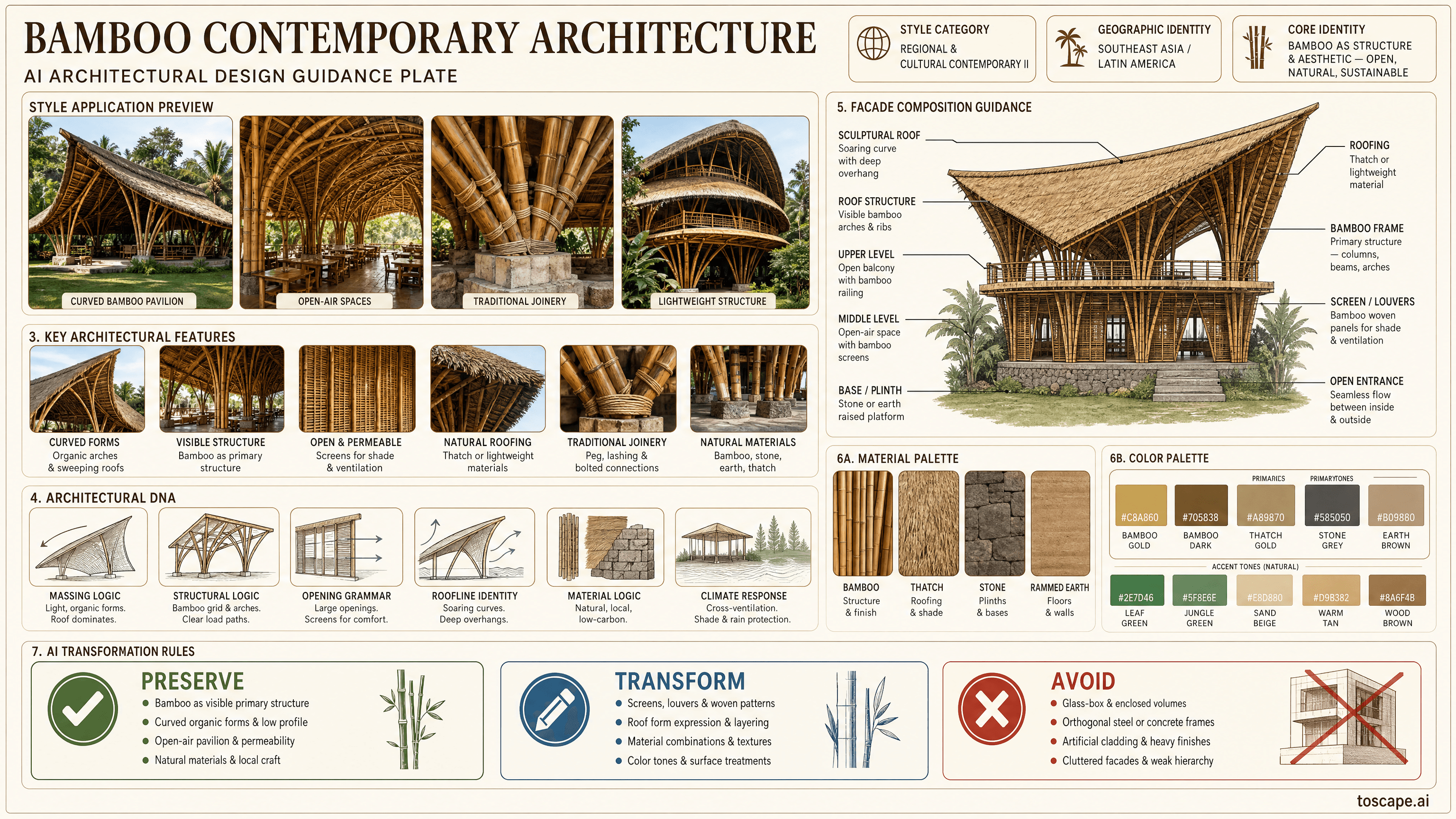 BAMBOO CONTEMPORARY ARCHITECTURE hero plate - Southeast Asia / Latin America (2000s-present); Core identity: Bamboo as primary structur...