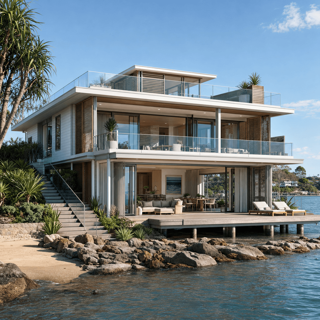 Coastal Contemporary architectural style - Coastal and waterfront settings globally - oceanfront, bay, harbor, and lakeside location...