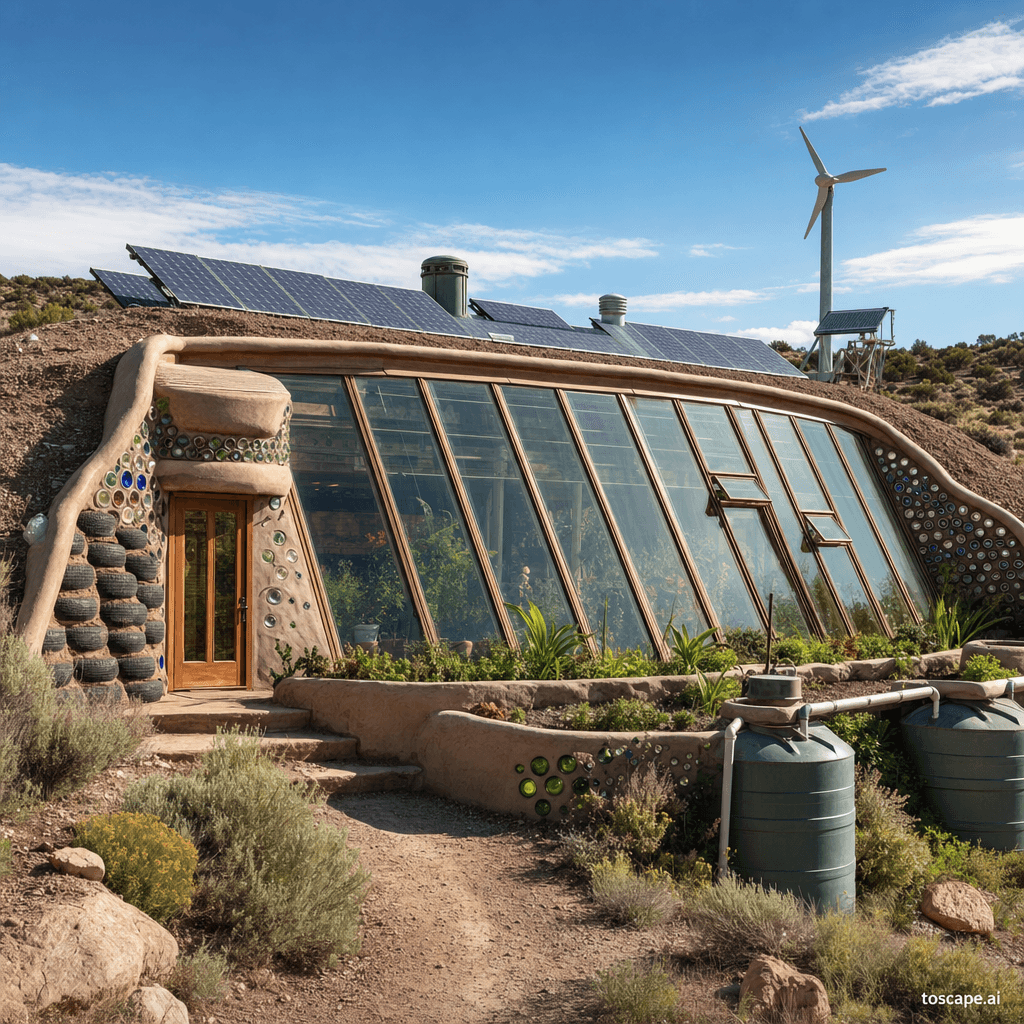 EARTHSHIP / BIOTECTURE architectural style - New Mexico, USA (Michael Reynolds, 1970s-present); Core identity: Tire-rammed earth...