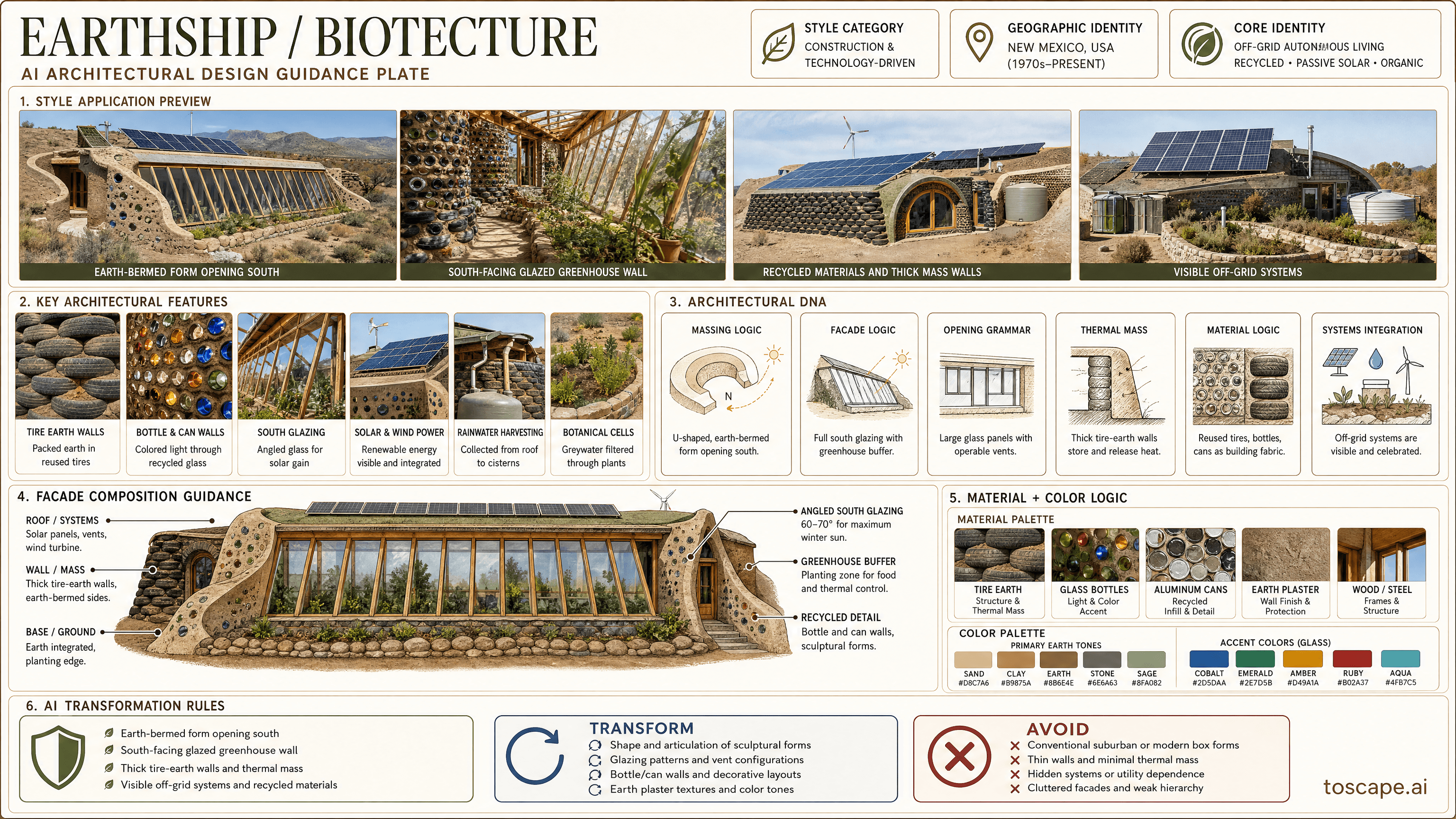 EARTHSHIP / BIOTECTURE hero plate - New Mexico, USA (Michael Reynolds, 1970s-present); Core identity: Tire-rammed earth...