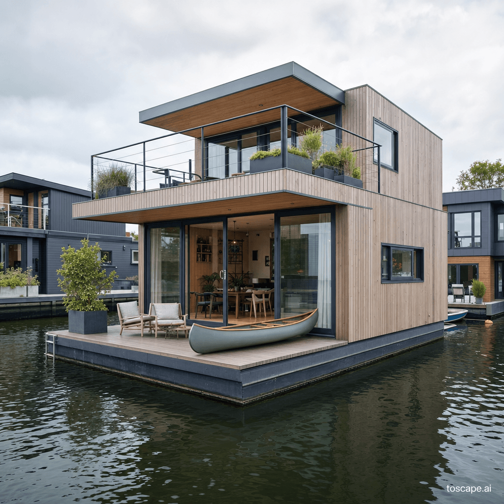 FLOATING ARCHITECTURE / AQUATECTURE architectural style - Netherlands (Waterstudio.NL, 2000s), global (Thailand, Bangladesh, Maldives, Nigeria);...