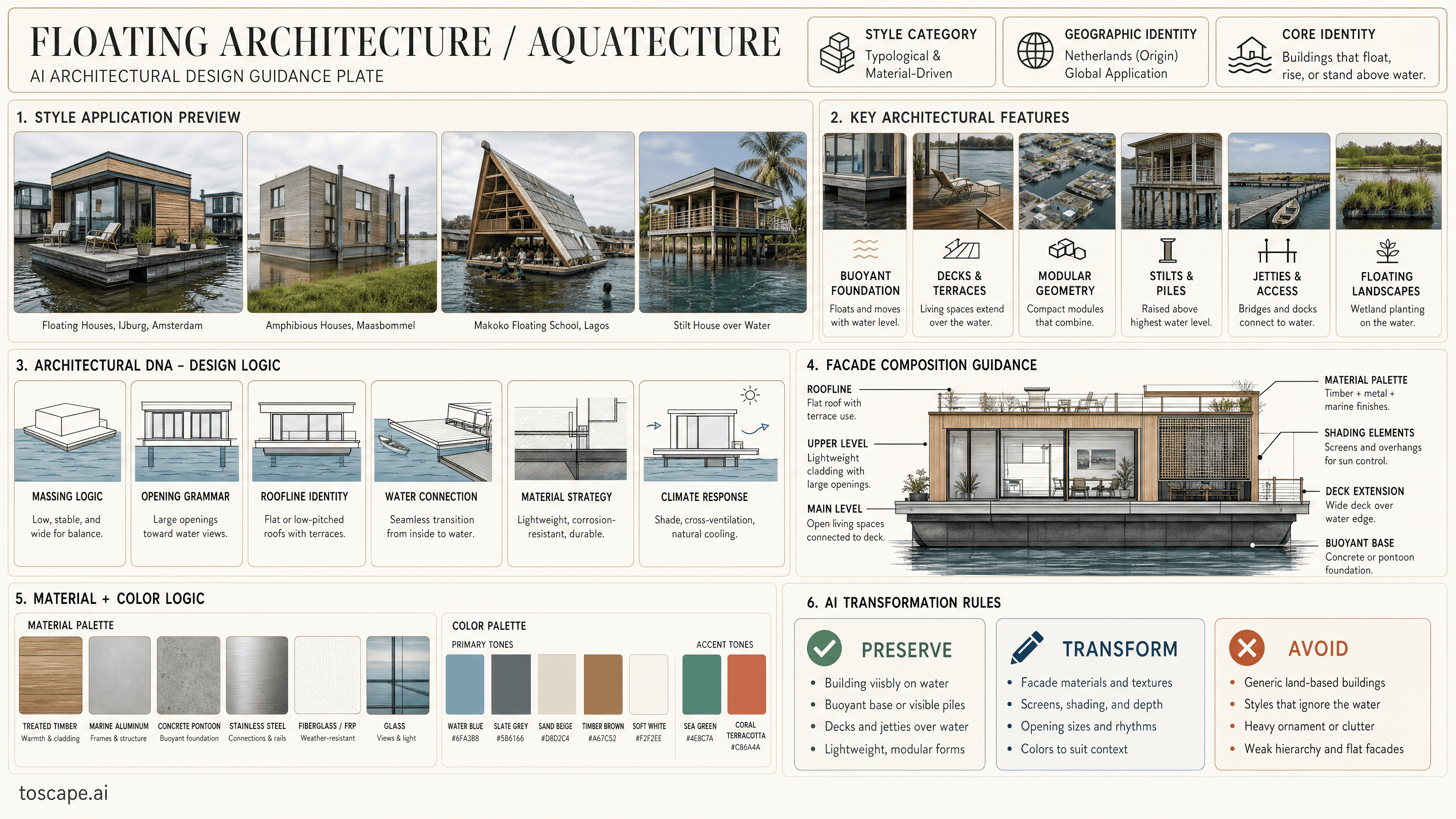 FLOATING ARCHITECTURE / AQUATECTURE hero plate - Netherlands (Waterstudio.NL, 2000s), global (Thailand, Bangladesh, Maldives, Nigeria);...