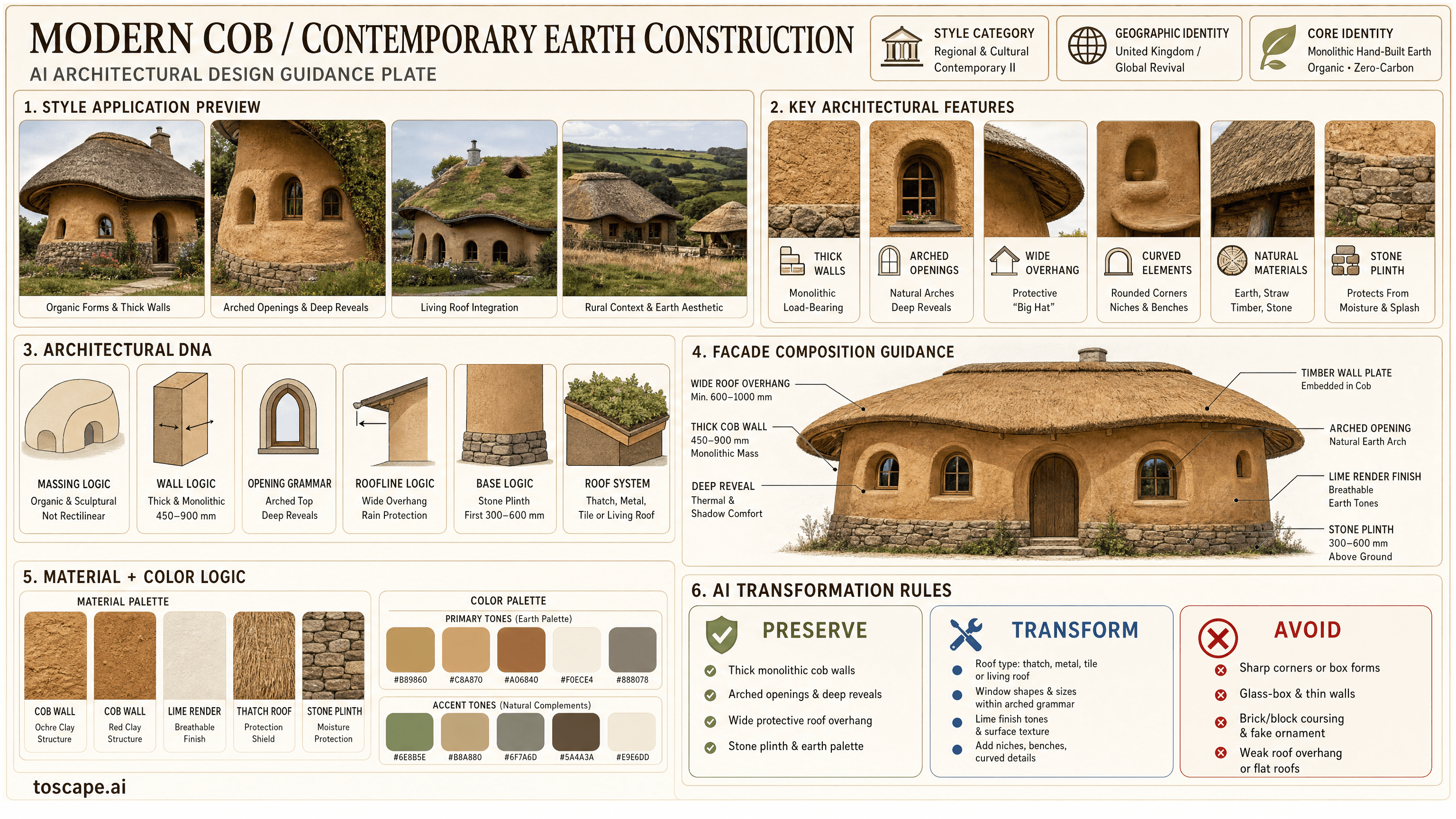 MODERN COB / CONTEMPORARY EARTH CONSTRUCTION hero plate - United Kingdom / Global revival (1990s-present); Core identity: Monolithic hand-built...