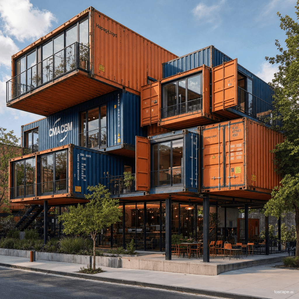 SHIPPING CONTAINER ARCHITECTURE architectural style - Global (1980s-present, accelerating 2000s); Core identity: ISO shipping containers as...