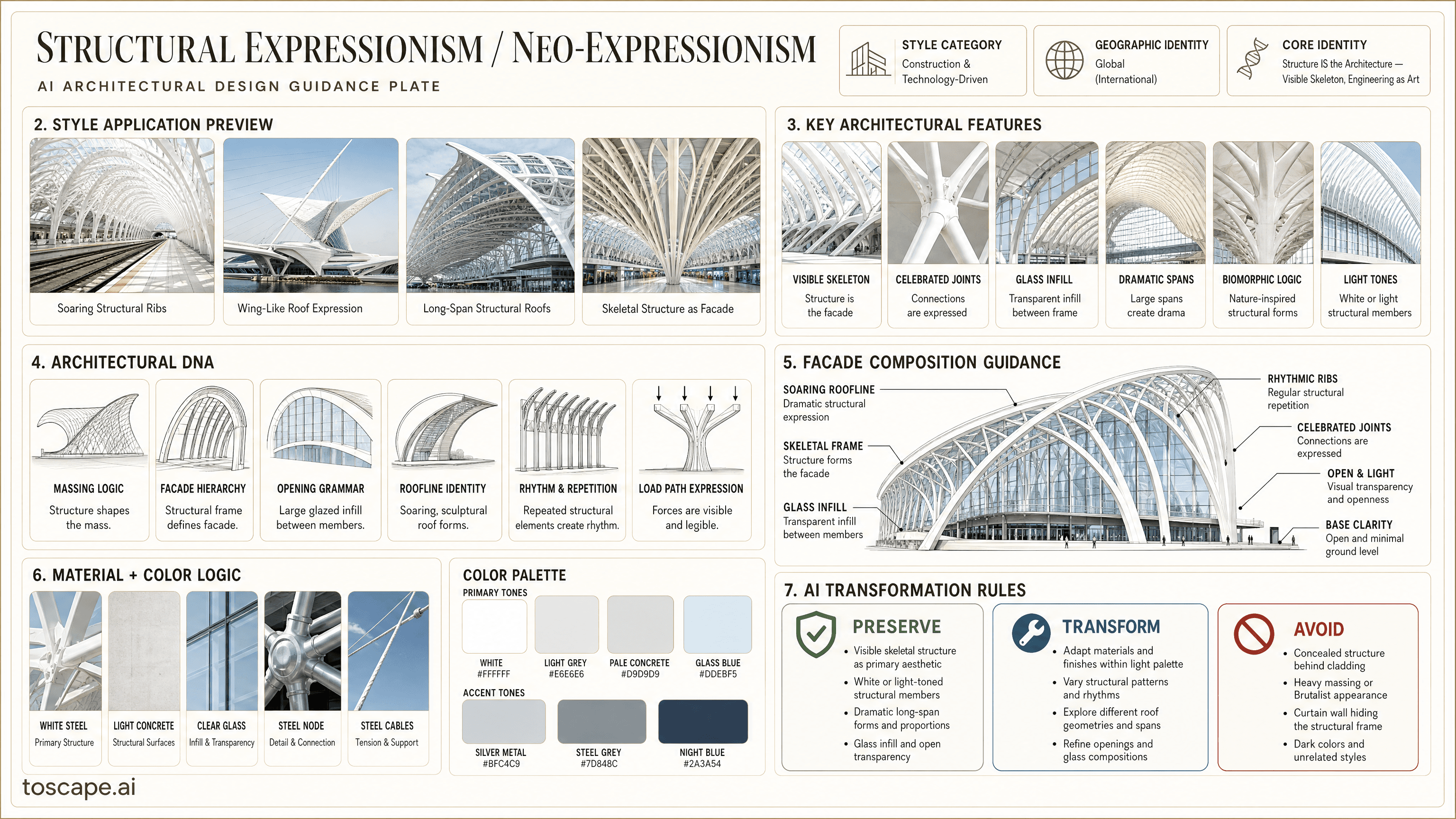 STRUCTURAL EXPRESSIONISM / NEO-EXPRESSIONISM hero plate - Global (Calatrava/Spain, Foster/UK, Utzon/Denmark, Nervi/Italy); Core identity: Structure...