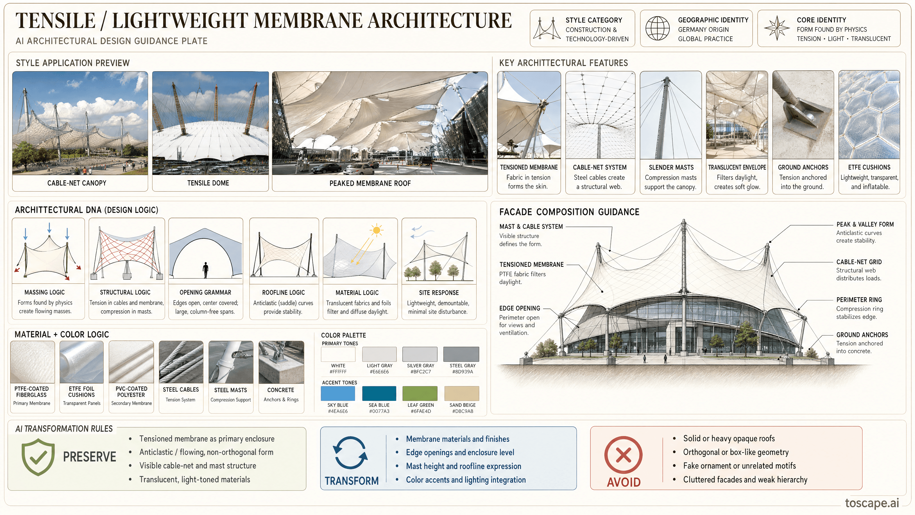 TENSILE / LIGHTWEIGHT MEMBRANE ARCHITECTURE hero plate - Germany (Frei Otto, 1950s-70s), global (Horst Berger, Buro Happold); Core identity: Form...